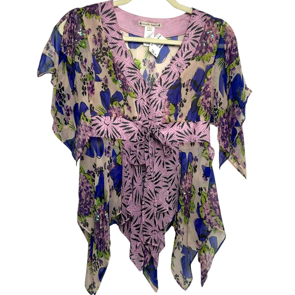 NWT Nanette Lepore Silk Colorful Sequined Floral Blouse Size 4